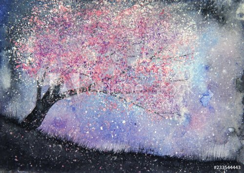 watercolor landscape milky way and pink tree sakura
