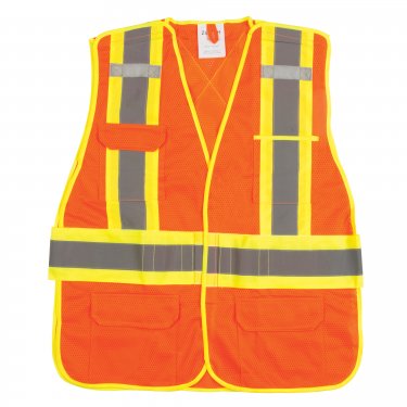 Zenith Safety Products - SEF102 - CSA Compliant High Visibility Surveyor Vest - Polyester - High Visibility Orange - Stripe: Yellow/Silver - Large - Unit Price