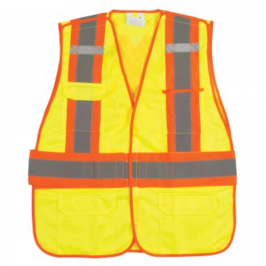 Zenith Safety Products - SGF141 - Flame-Resistant Surveyor Vest - Polyester - High Visibility Lime-Yellow - Stripe: Orange/Silver - Large - Unit Price