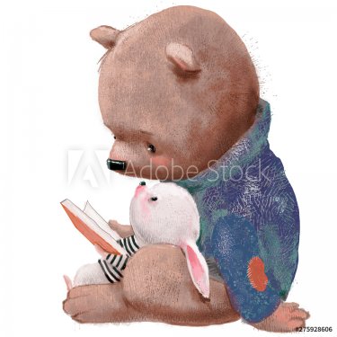 Petit ours avec lapinot qui lisent un livre - 901156423