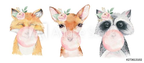 Watercolor set of forest cartoon isolated cute baby fox, deer, raccoon and owl animal with flowers.
