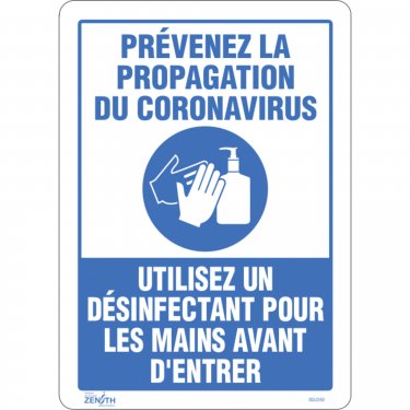 Zenith Safety Products - SGU360 - Enseigne « Prévenez le Coronavirus, utilisez un désinfectant pour les mains » Chaque