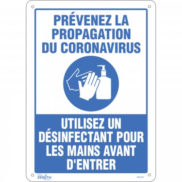 Zenith Safety Products - SGU361 - Enseigne « Prévenez le Coronavirus, utilisez un désinfectant pour les mains » Chaque