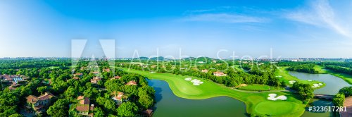 Aerial view of a beautiful green golf course in Shanghai,panoramic view. - 901156581