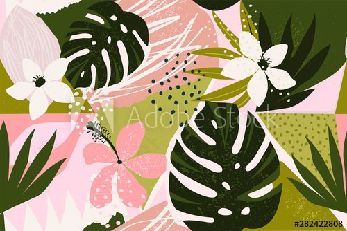 Collage contemporary floral seamless pattern. Modern exotic jungle fruits and... - 901156547