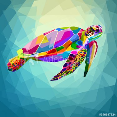 colorful turtle floating underwater in the geometric blue water ocean - 901156587