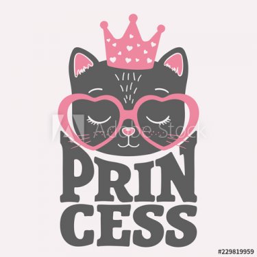 Cute black princess cat face with pink crown, heart glasses. - 901156572