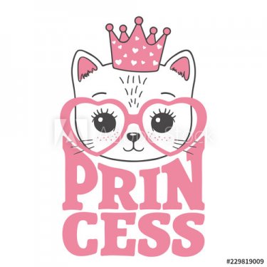 Cute little princess cat face with pink crown, heart glasses.