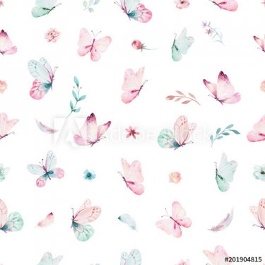 Cute watercolor unicorn seamless pattern with flowers and butterflies