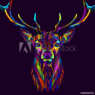 Deer. Abstract, neon, multi-colored portrait of a deer's head on a dark purple background.
