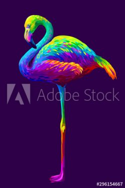 Flamingo. Abstract, artistic, multi-colored image of a flamingo on a dark pur... - 901156616