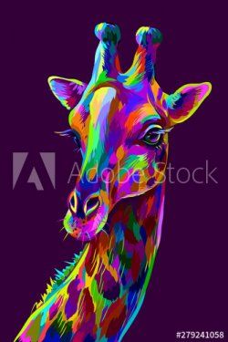 Giraffe. Abstract, colorful artistic portrait of a giraffe on a dark purple b... - 901156609