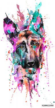Handdrawn Aquarell Dog Portrait, Colorful Rainbow, Frontal, Cute,, Watercolor... - 901156601