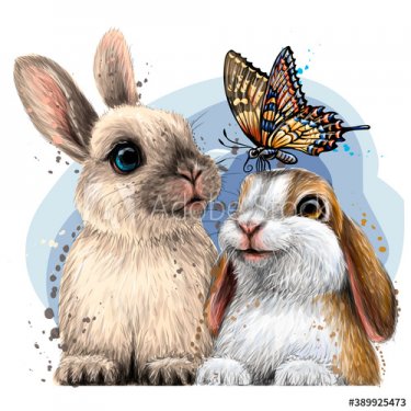 Little rabbits with a butterfly . Wall sticker. Color, artistic portrait of t... - 901156602