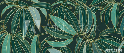 Luxury gold and nature line art ink drawing background vector. Leaves and Floral pattern vector illustration.