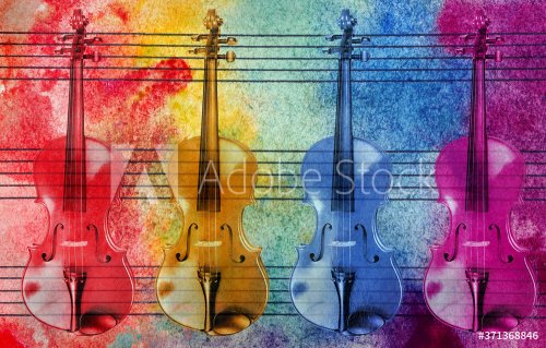 Melody concept. Old music sheet in colorful watercolor paint and violins. Abstract colorful watercolor background. Colors of rainbow