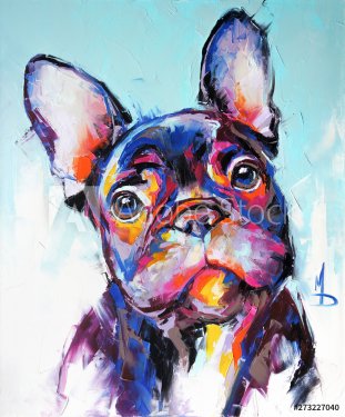 Oil dog portrait painting in multicolored tones.