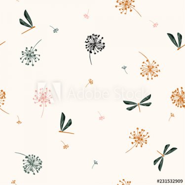Seamless pattern vector with water wind blow flowers and dragonflies. beautif... - 901156554