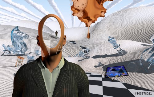 Surreal desert with chess figures and hourglass. Faceless man in suit. Figure... - 901156656