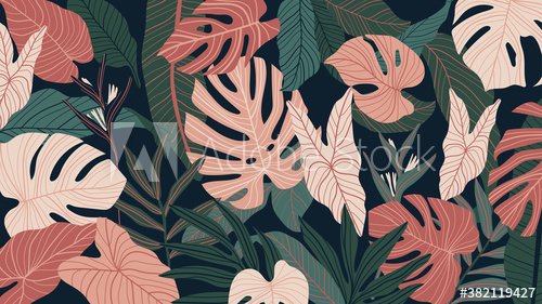 Tropical forest art deco wallpaper. Floral pattern with exotic flowers and leaves, split-leaf Philodendron plant ,monstera plant, Jungle plants line art on trendy background