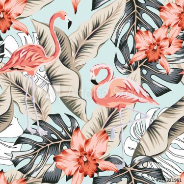 Tropical pink flamingo, orchid flowers, banana, monstera palm leaves, light b... - 901156548