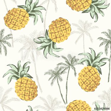 Tropical yellow pineapples, graphic palm trees on the white background. Vecto... - 901156551