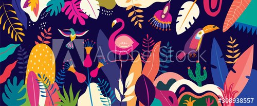 Vector colorful illustration with tropical flowers, leaves, flamingo and birds. Brazil tropical pattern.
