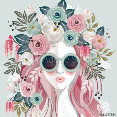 Vector illustration of a sunglasses girl with floral headdress in spring - 901156541