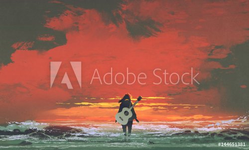 woman with guitar on back standing in the sea at sunset, illustration painting - 901156651