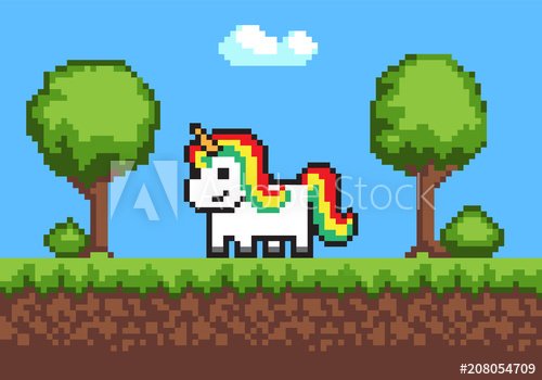 Cheerful Pixel Poney Horse on Cute Green Meadow - 901156671
