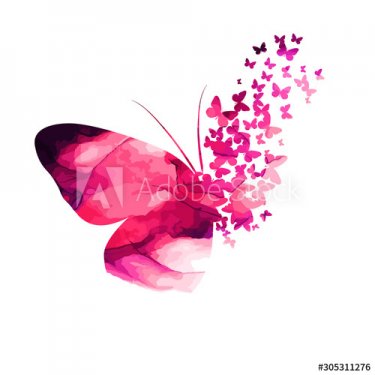Pink paint butterfly. Abstract mosaic of butterflies.