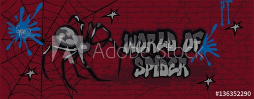 Scary spider on brick background with web. Cartoon illustration of tarantula or ghost, spook, horror.