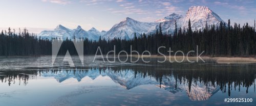 Almost nearly perfect reflection of the Rocky mountains in the Bow River. Near Canmore, Alberta Canada.