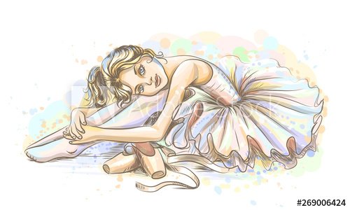 Ballet. Hand-drawn sketch of a cute little dreamy girl ballerina in a tutu wi... - 901156810