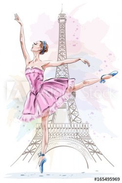 Beautiful ballerina posing and dancing on eiffel tower background.