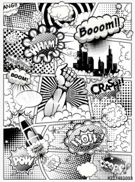 Black and white comic book page divided by lines with speech bubbles, rocket, superhero hand and sounds effect