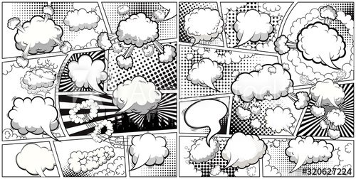 Comic book black and white page template divided by lines with speech bubbles.