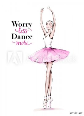 Hand drawn beautiful dancing woman. Pretty ballerina. Girl in pink point shoes.