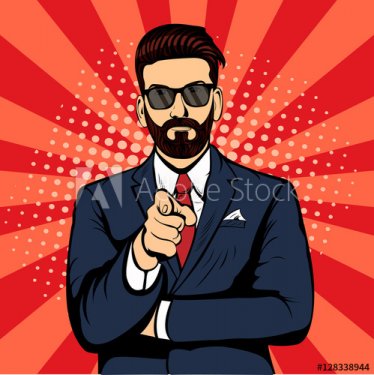 Hipster beard businessman pointing finger pop art retro vector. - 901156797