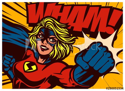 Pop art comic book style super heroine punching with female superhero costume