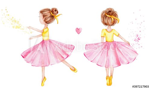 Two cartoon ballerinas, pink heart and splash; watercolor