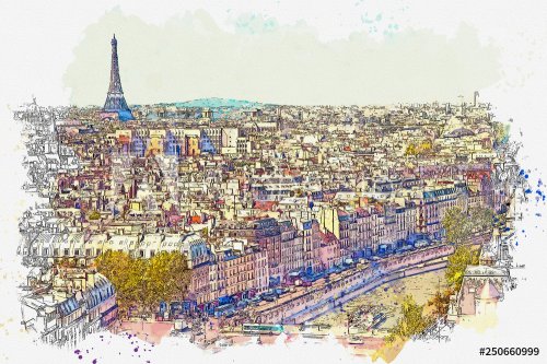 Croquis à l'aquarelle ou illustration d'une belle vue de Paris en France. Pay... - 901156926