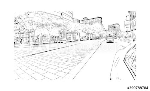 Building view with landmark of Montreal is the city in Canada. Hand drawn sketch illustration in vector.