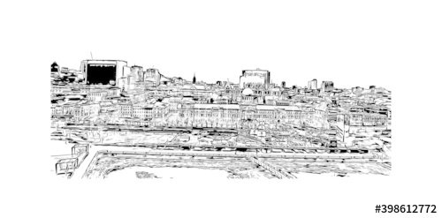 Building view with landmark of Montreal is the city of Canada. Hand drawn sketch illustration in vector.