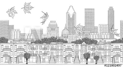 Montreal, Quebec / Canada - seamless banner of Montreal's skyline, hand drawn black and white illustration