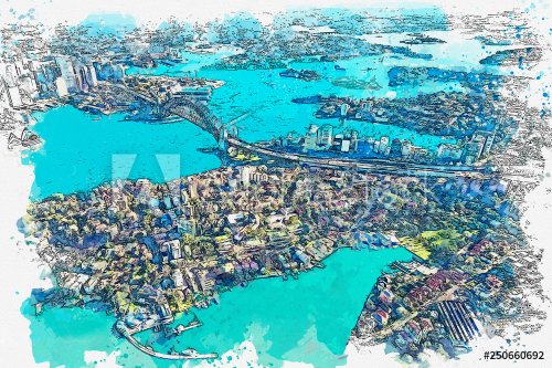 Croquis à l'aquarelle ou illustration d'une belle vue aérienne de Sydney en Australie. Paysage de la ville