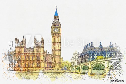 Croquis à l'aquarelle ou illustration d'une belle vue sur le Big Ben et les c... - 901156928
