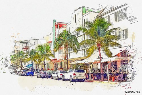 Watercolor sketch or illustration of a beautiful view of the street called Ocean Drive, Miami Beach in America