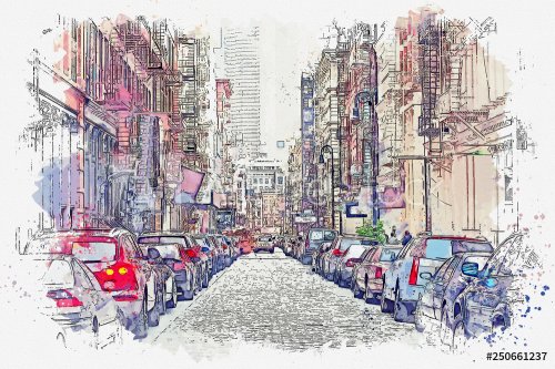 Watercolor sketch or illustration of a street in New York with houses and parked cars