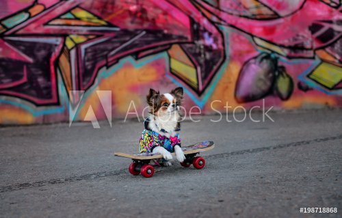 Chien chihuahua sur un skateboard